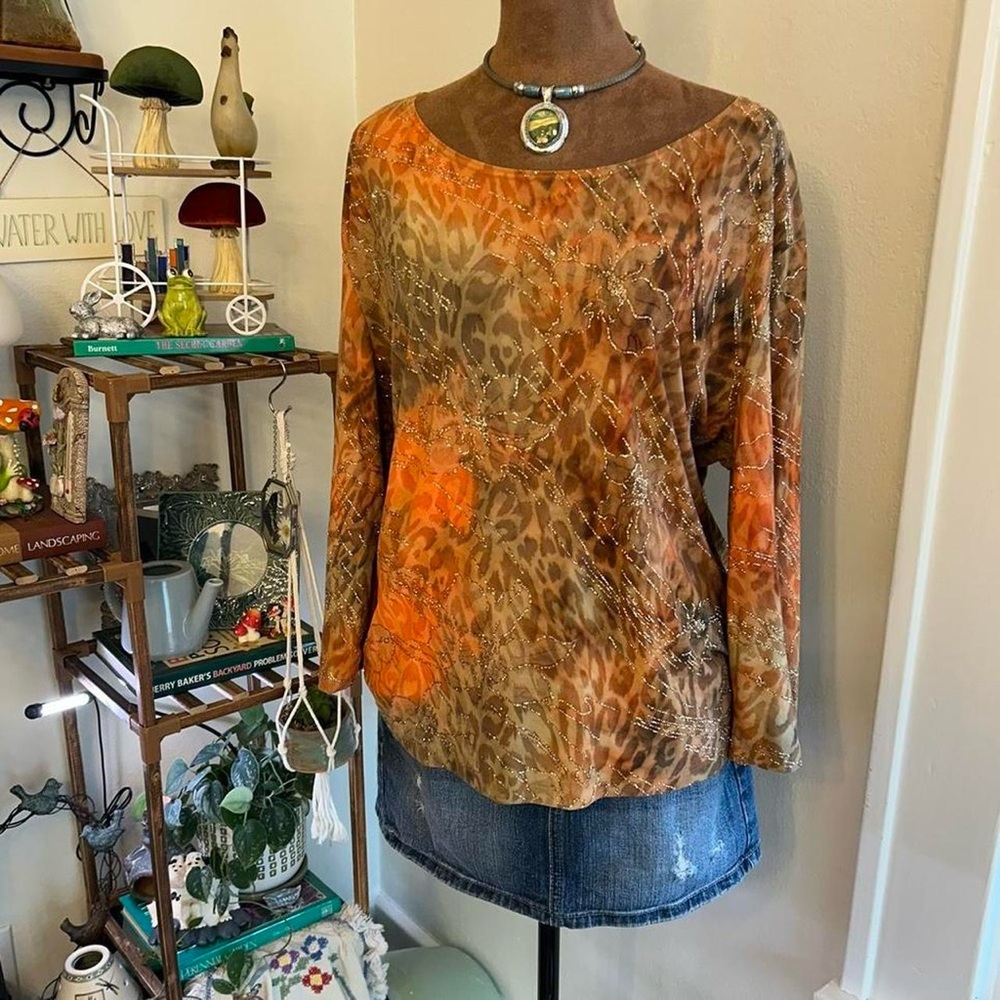 Orange Leopard Abstract Print w Gold Glitter Floral Details by Brittany Black